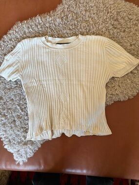 Ribbed silk Short Sleeve Knit Top in Cream